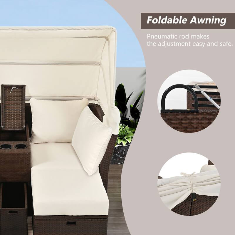 Convertible Outdoor Patio Daybed Loveseat Sofa Set with Retractable Canopy and Central Console
