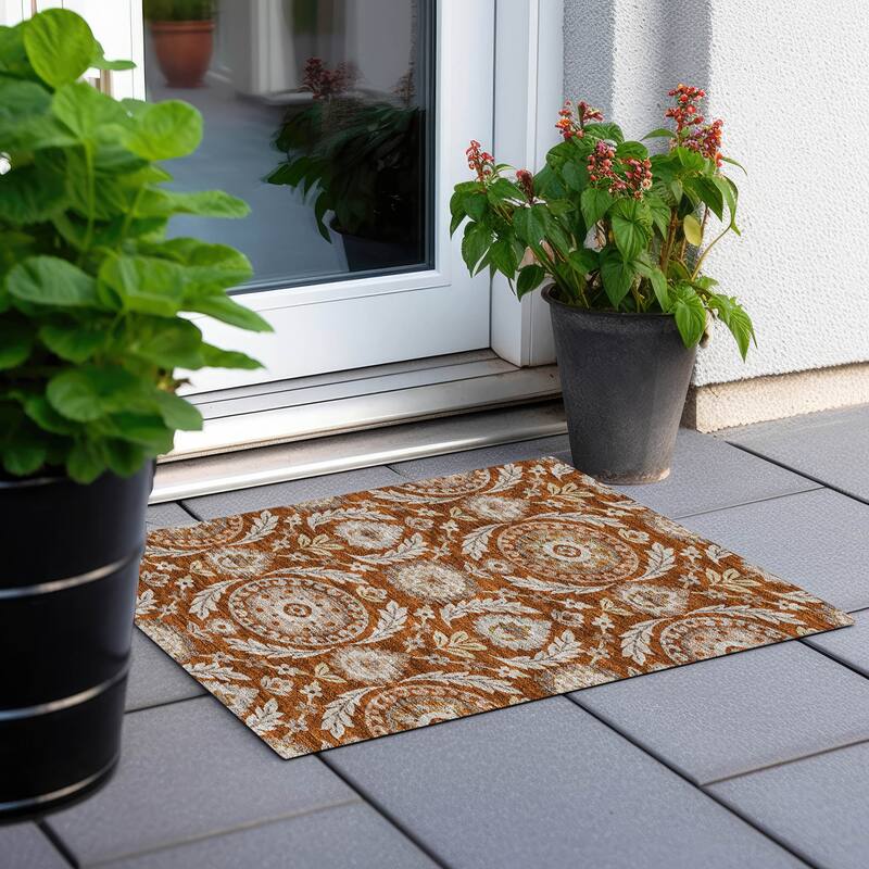 Machine Washable Indoor/ Outdoor Chantille Suzani Boho Rug - Paprika - 1'8" x 2'6"