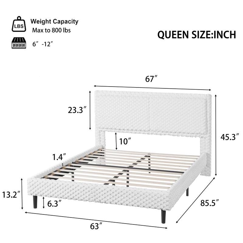 Simple Modern Fabric Platform Bed White Plush Soft Bed with Backrest, Bedroom Upholstered Bed with Metal Brackets