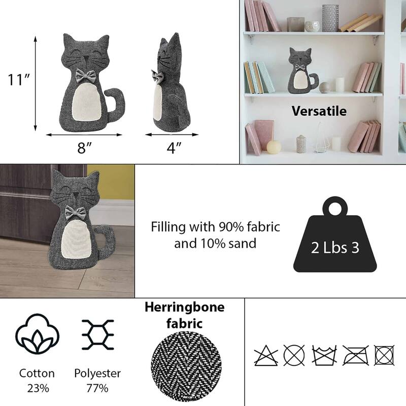 3D Cat Fabric Weighted Bag Door Stop 2.3 lbs Black White - 11"H x 8"L x 4"W