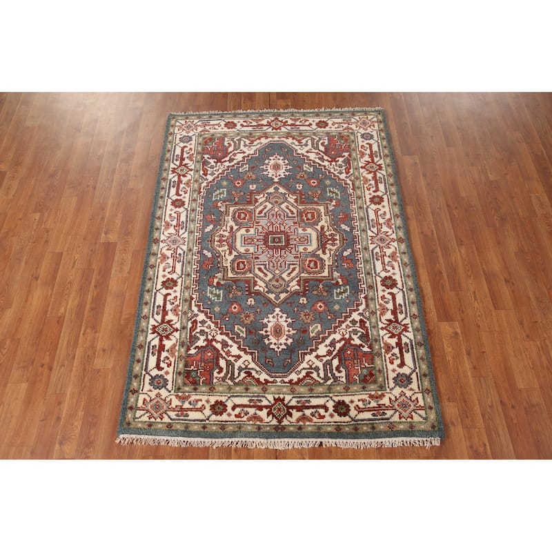 Geometric Blue Heriz-Serapi Oriental Accent Rug Handmade Wool Carpet - 4'1"x 6'0"