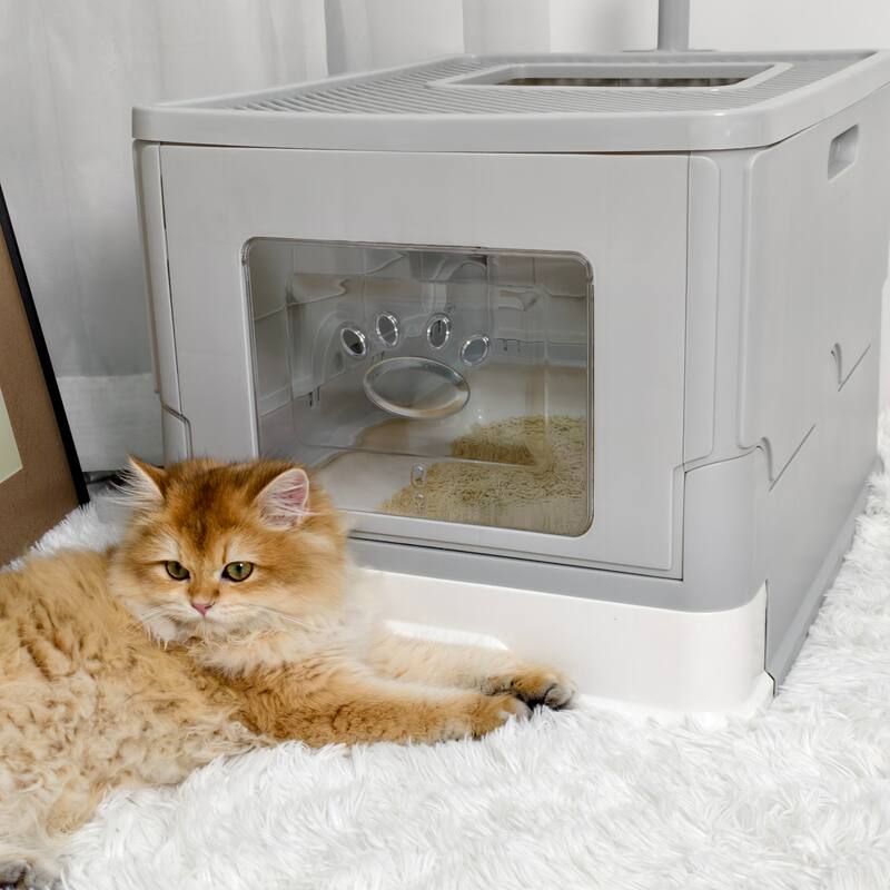 Foldable Cat Litter Box with Lid Large Cat Toilet Enclosed Drawer Type - Grey