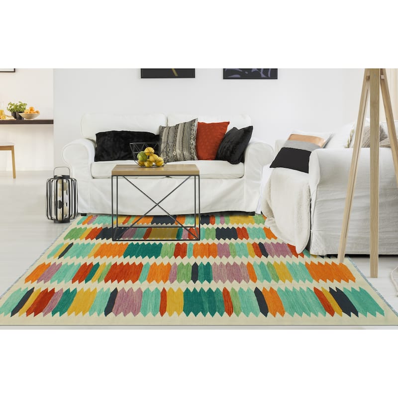Modern Flatweave Reid Ivory/Green Rug - 5'10" x 7'10"