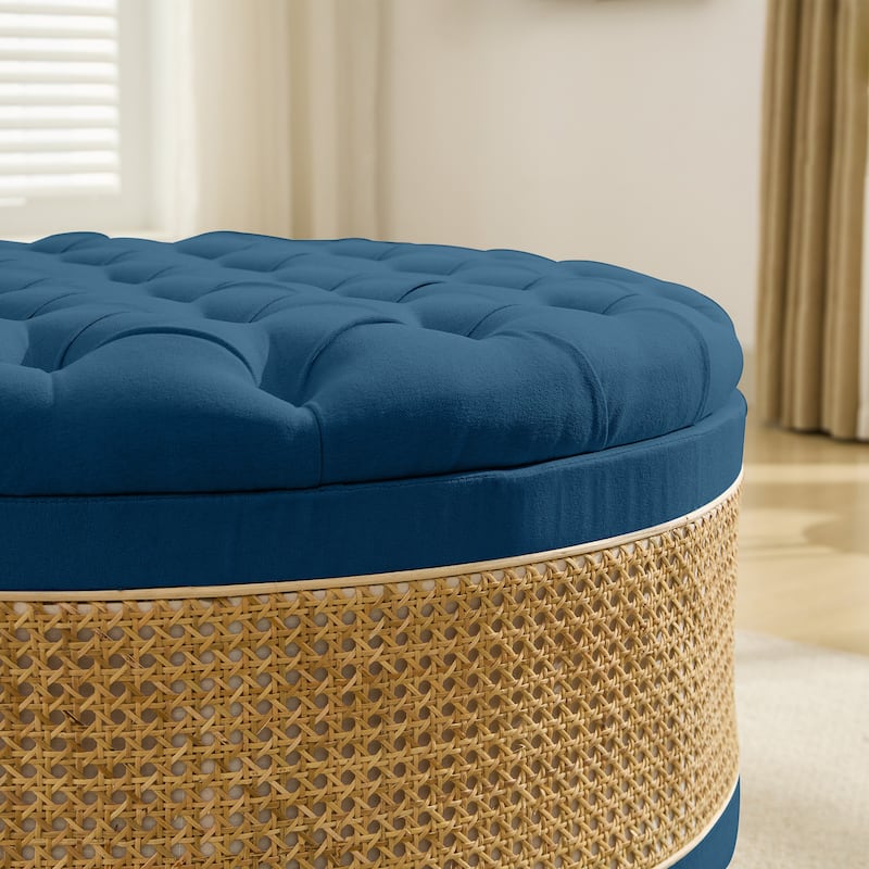 Linen & Rattan Round Storage Ottoman, Button-tufted Upholstery