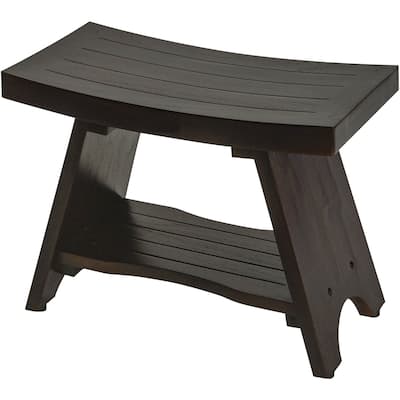 Compact Teak Rectangular Corner Shower / Outdoor Bench with Shelf in Brown Finish
