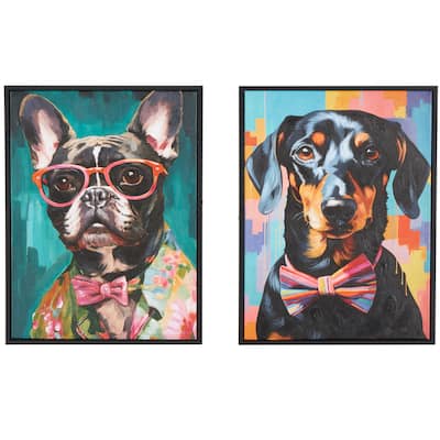 Canvas Dog Chic Framed Wall Art with Glasses and Bow Tie - Set of 2 Multi Colored - Roche River Decor