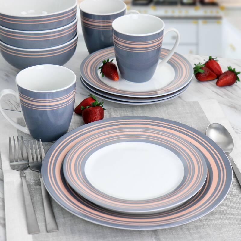 Gibson Home Silver Wind 16 Piece Fine Ceramic Dinnerware Set in Grey and Pink