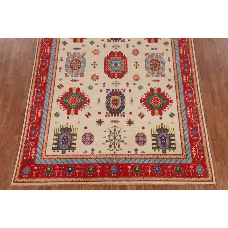 Geometric Beige / Ivory Kazak Area Rug Handmade Wool Carpet - 6'7" x 9'7"