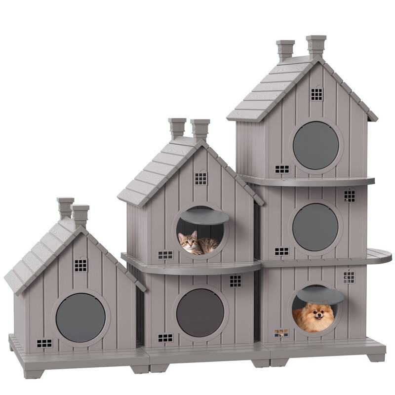 Slanted Roof Cabin Pet House with Porch, Multi-Level Stackable Shelter for Indoor Outdoor Use, for Cats Small Dogs Rabbits - Brown D