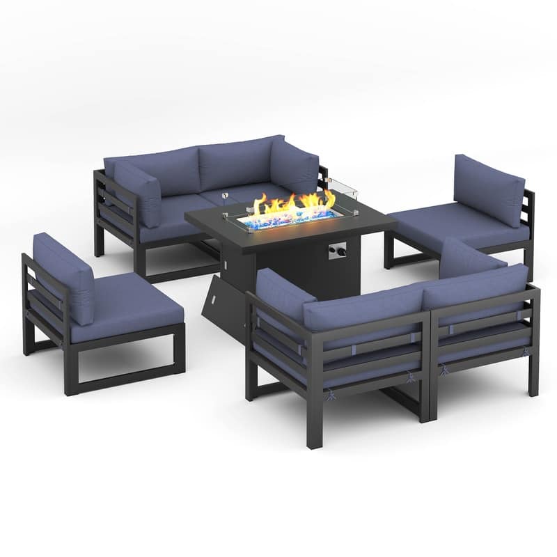 FINCATI 7 Pcs Patio Furniture Set Outdoor Sectional Sofa Set with Firepit Table - 7 Pieces
