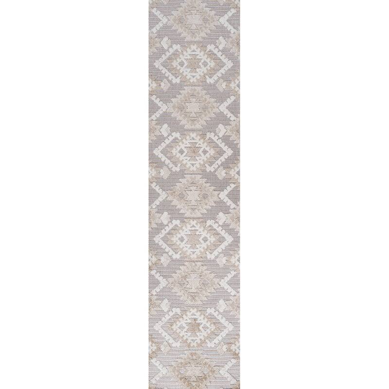 JONATHAN Y Duwun High-Low Pile Neutral Diamond Kilim Indoor/Outdoor Area Rug - 2 X 8 - Beige/Gray
