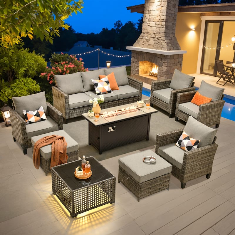 OVIOS 9 Pieces Patio Furniture Set with Solar-Powered Table & 54" Fire Table - DarkGrey