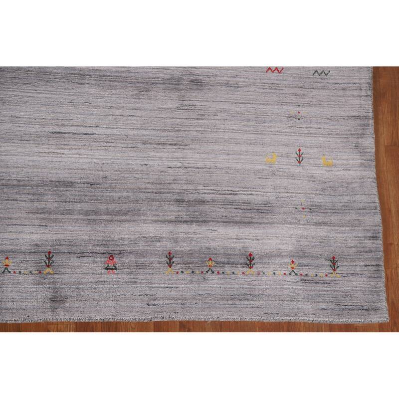 Striped Gabbeh Indian Area Rug Hand-Knotted Grey Wool Carpet - 9'0"x 11'8"