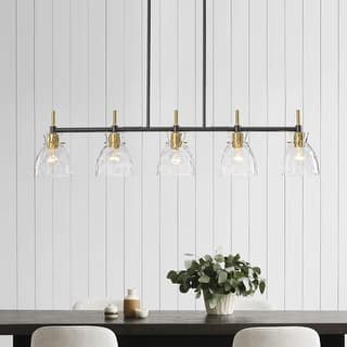 5-Light Modern Industrial Black & Gold Textured Glass Linear Pendant Light- Adjustable Hanging Ceiling Fixture for Dining Room,