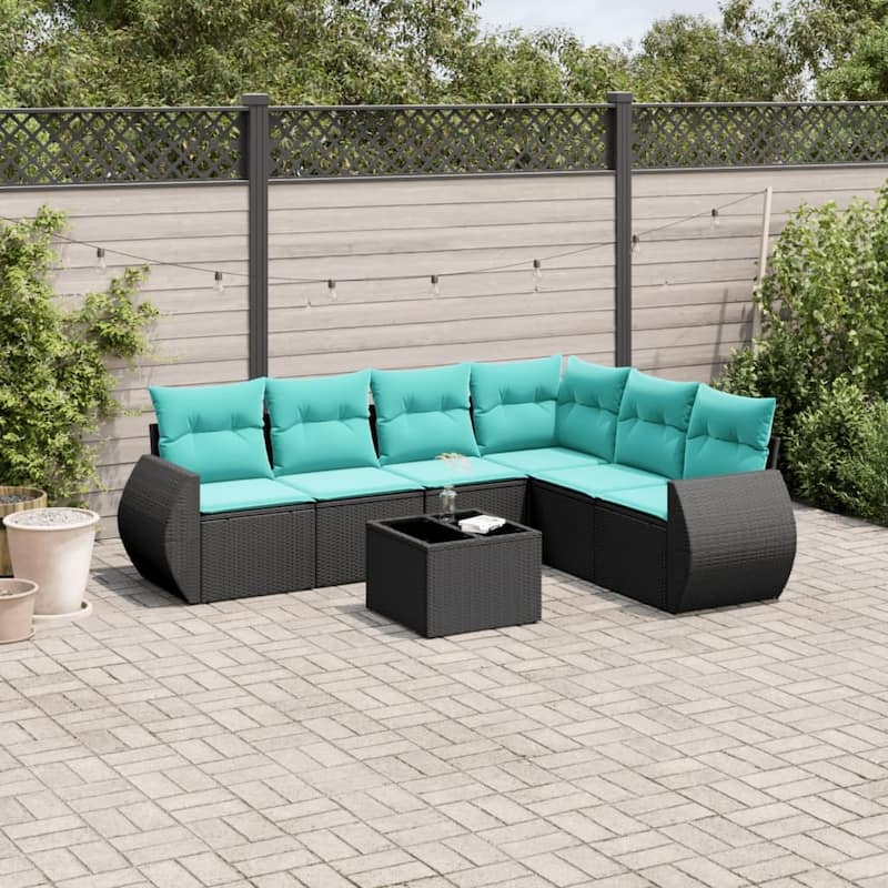 vidaXL 6 Piece Patio Sofa Set with Cushions Black Poly Rattan - 28 x 24.4 x 27.2-With table