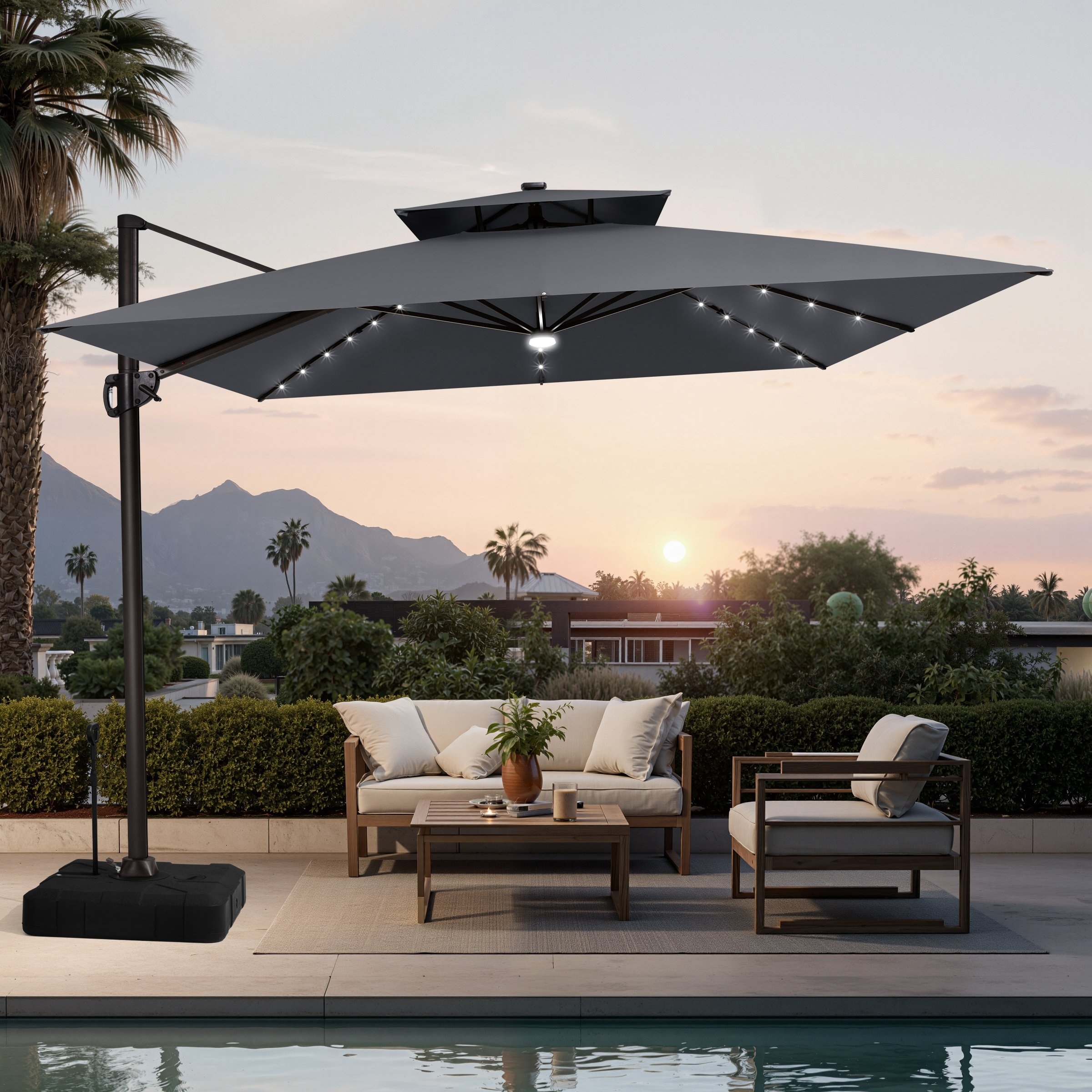 11 FT Outdoor Square Solar-powered LED Double Top Patio Cantilever Offset Umbrella and Base with Wheels and Drag Rod