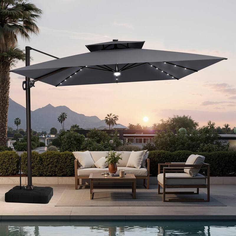 11 FT Outdoor Square Solar-powered LED Double Top Patio Cantilever Offset Umbrella and Base with Wheels and Drag Rod - Dark Grey
