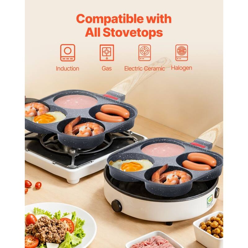 Black Aluminum Egg Pan 4-Hole with Maifan Stone Coating and Lid - 14.69 x 7.48 x 2.09 in