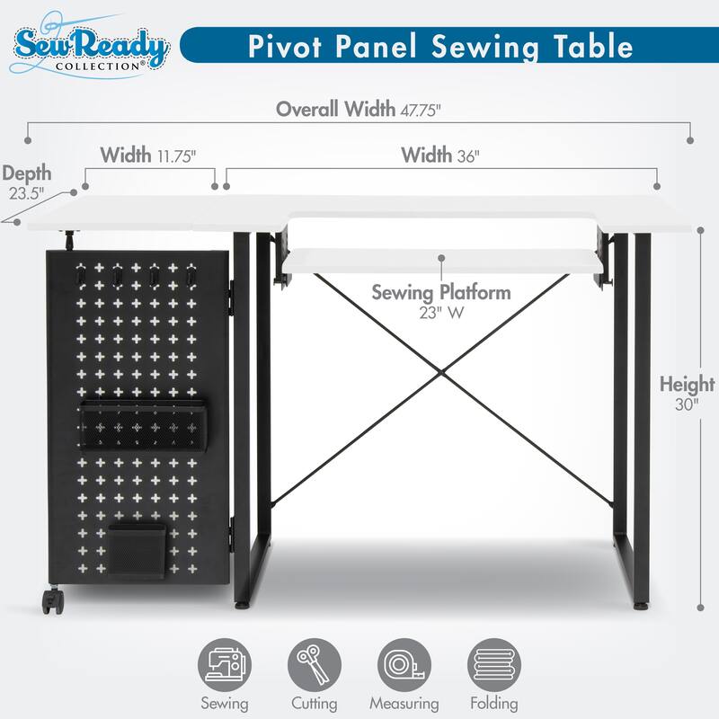 Sew Ready Pivot Sewing Table with Folding Top Adjustable Platform and Storage Peg Panel