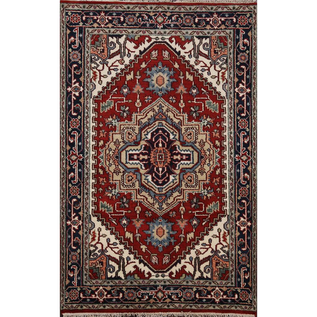 Geometric Heriz Serapi Oriental Wool Area Rug Handmade Carpet - 4'1" x 6'1"