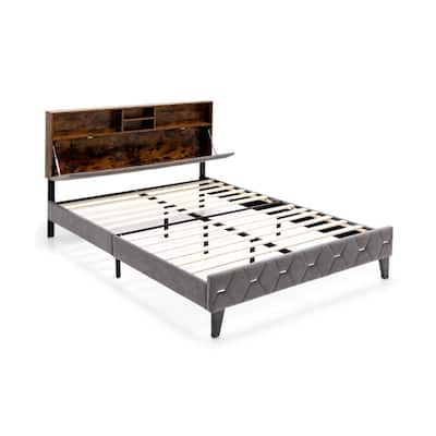 Full/Queen Size Upholstered Bed Frame with Storage Headboard