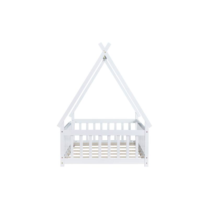 Twin Tent-Shaped Floor Bed with Guardrails, Slats, White