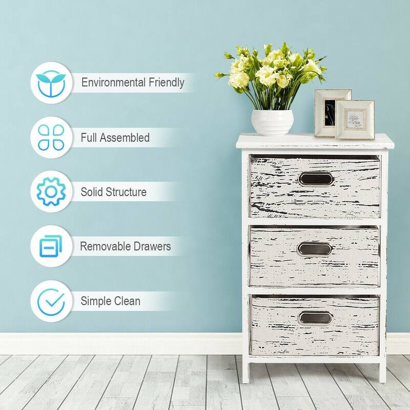 Vintage Wood Frame End Table Chest with 3 Fabric Drawers - 16" x 12" x 24.5" (L x W x H)
