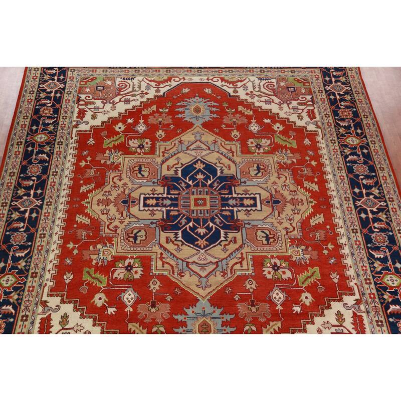 Orange Medallion Heriz Serapi Large Rug Hand-Knotted Wool Carpet - 11'8" x 15'3"
