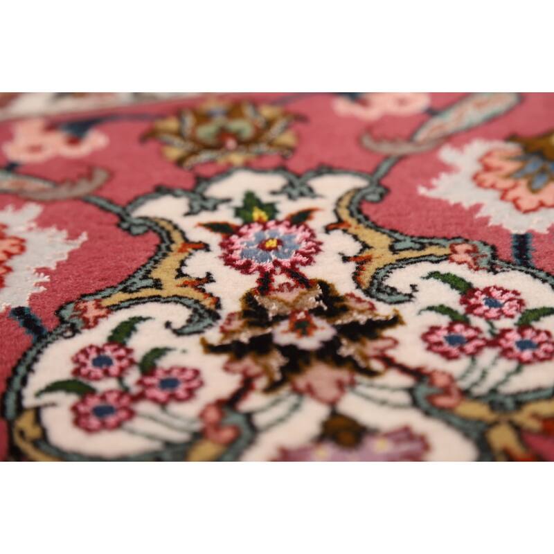 Floral Pink Tabriz Persian Rug Handmade Wool & Silk Carpet - 4'1"x 7'0"