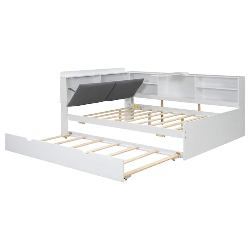 Roomfitters Full Wood Platform Bed with Trundle, Storage Headboard and Functional Display Shelves