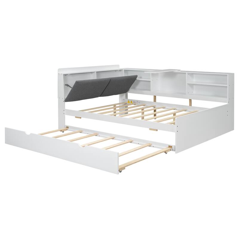 Wood Full Size Platform Bed with Trundle, Storage Headboard and Shelves, Gray Finish, Multi-Functional