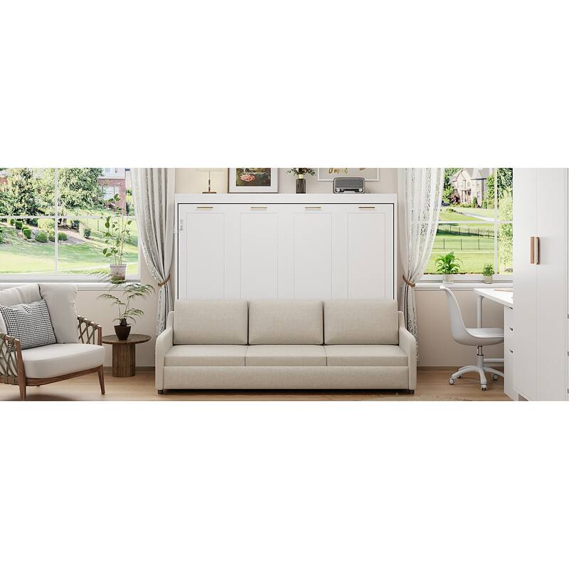 Roomfitters Queen Murphy Cabinet Bed with Folding Sofa, LED Light and Storage, Beige