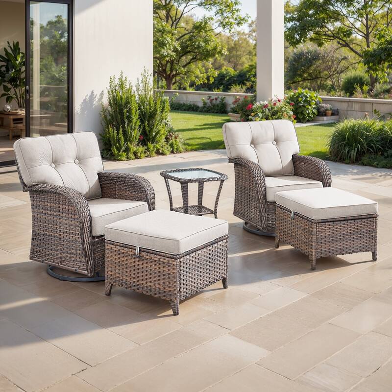 TWrap Brown Wicker Patio 5-Piece Swivel Gliders Conversation Set with 5-Inch Thick Cushions - Brown/Beige - 5-Piece