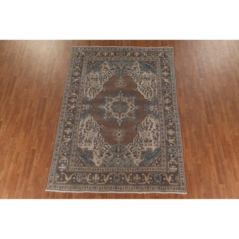 Brown Tabriz Persian Vintage Area Rug Hand-Knotted Wool Carpet - 6'9"x 9'9"