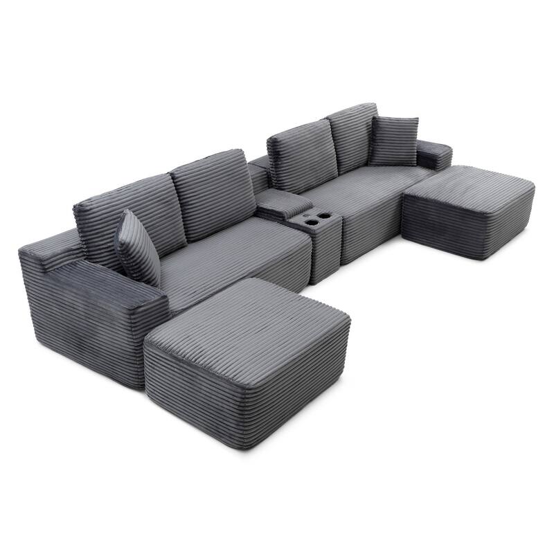 125'' U-Shaped Corduroy Sectional Sofa with Cup Holders, USB Ports and 2 Ottomans