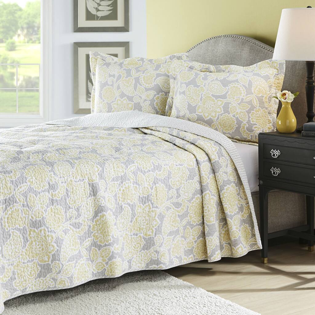 Daily Boutik Twin Yellow Gray Floral 100% Cotton Reversible Quilt Coverlet Set