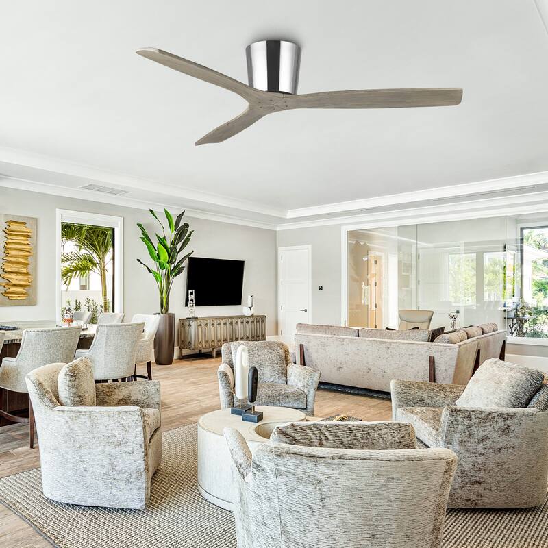 54" Transitional Solid Wood 3-Blade Chrome Flush Mount Ceiling Fan with Remote, No Light