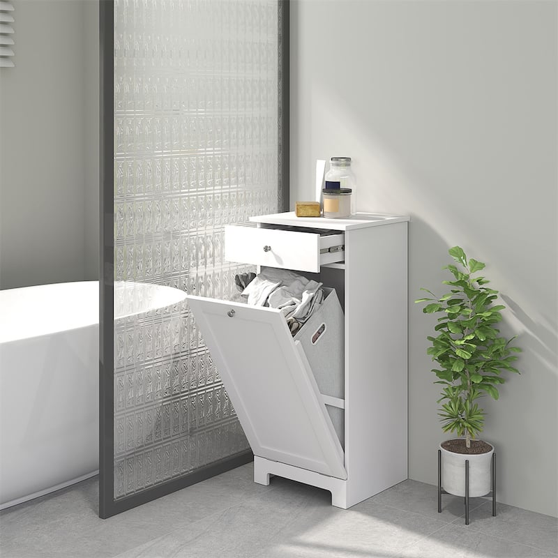 White Laundry Hamper Cabinet with Tilt Out Hamper Drawer and Foldable Bag MDF for Bathroom or Bedroom Organization