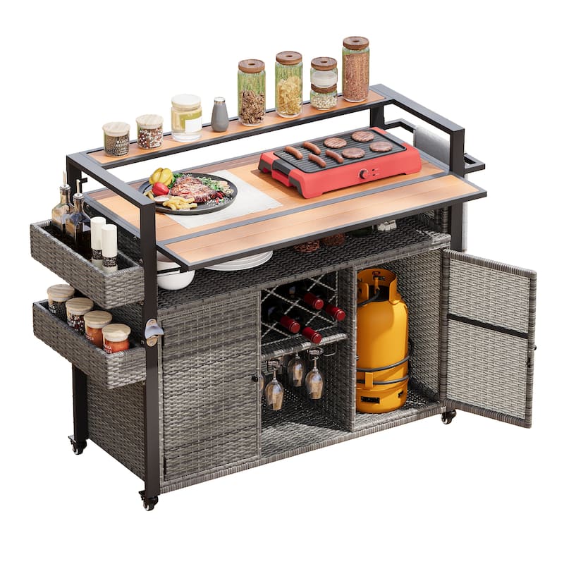 52.8"W Wicker Outdoor Grill cart with Extended Plastic Wood Table Top, Rolling Kitchen Island on Wheels with Storage Cabinet