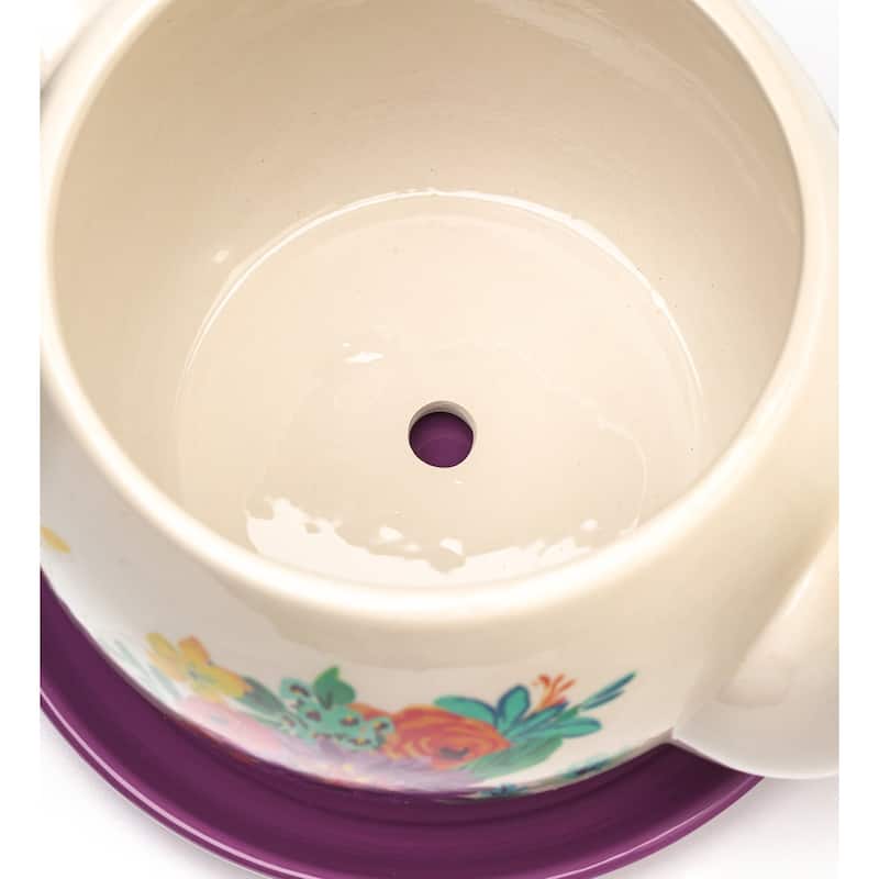 Floral Indoor/Outdoor Purple Ceramic Tea Pot Planter with Saucer
