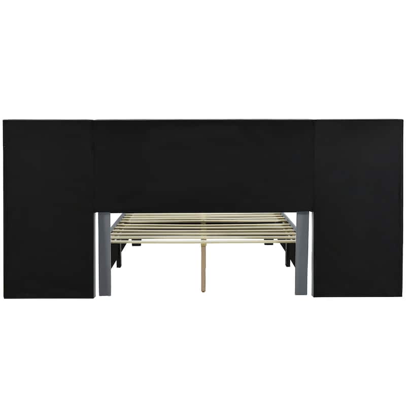 HomeRoots Dark Gray Tufted Velvet Upholstered Lighted Full Bed Frame