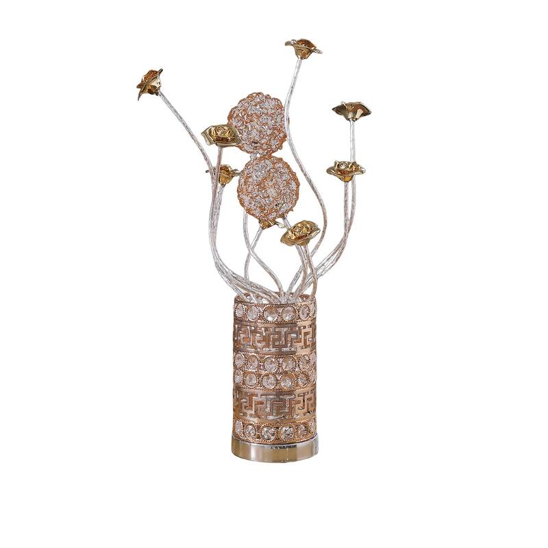 Table Lamp, Rose Bud Floral Vase, Cage Textured Gold Chrome 22 Inch