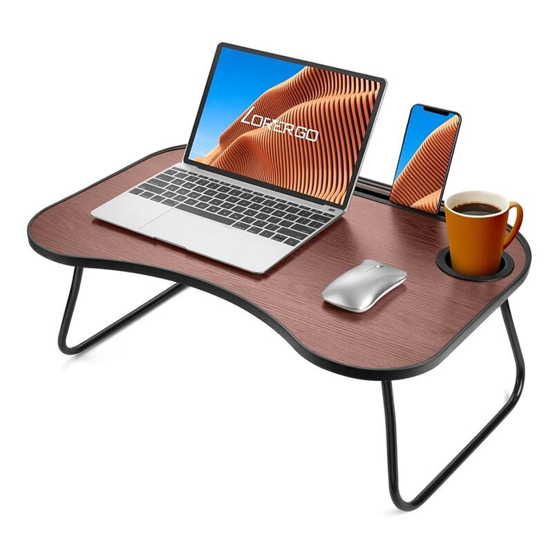 Wood and Metal Design Foldable Laptop Desk with Cup Groove - Brown+Black