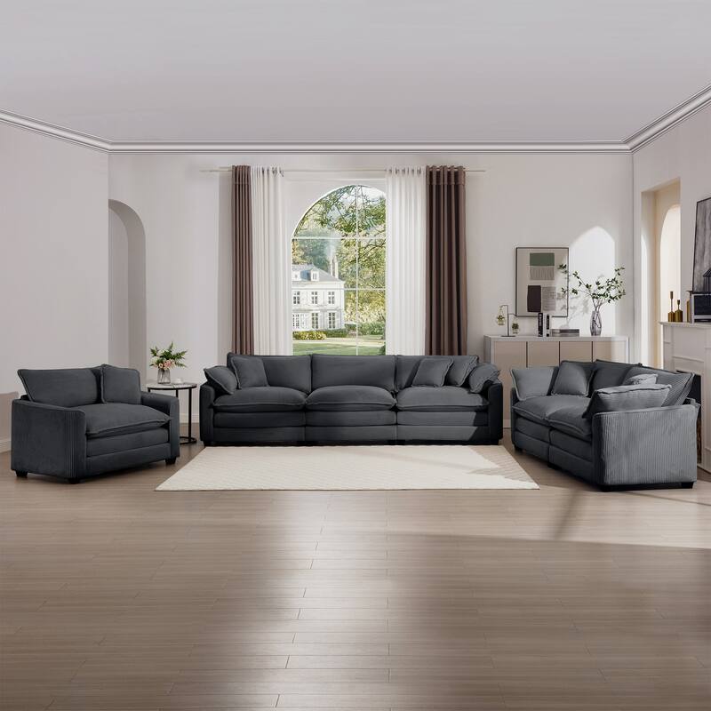 Oversized 3 - Piece Sofa Set with Corduroy 3-Seater Sofa and 2-Seater Loveseat & Single Deep Seat Sofa Chair for Livingroom