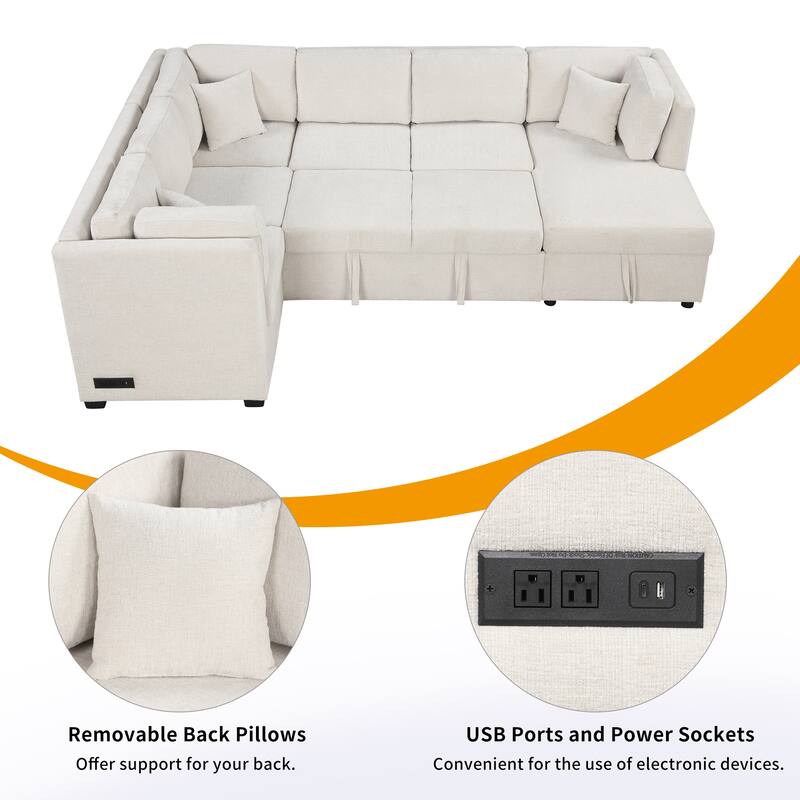 108.6" Chenille U-Shaped Sectional Sofa Bed with USB Ports, Storage Chaise, and 3 Back Pillows