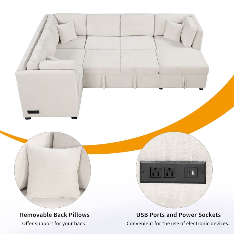 Roomfitters 108.6" U-Shaped Sectional Sofa Pull-Out Sofa Bed with USB Ports, Power Sockets, Back Pillows, Beige