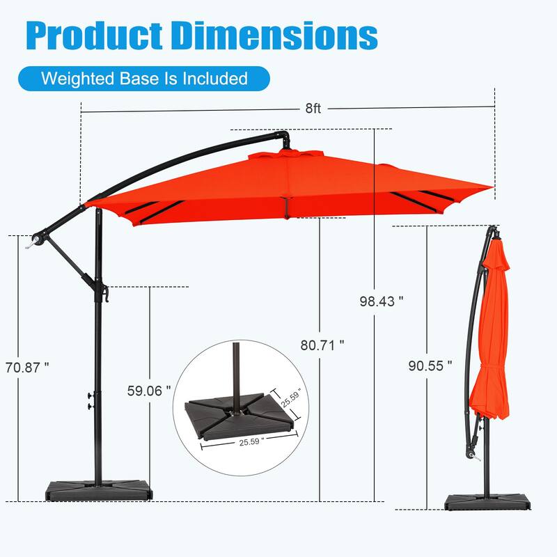 8ft×8ft Square Steel Crank-lift Cantilever Umbrella With Weighted Base