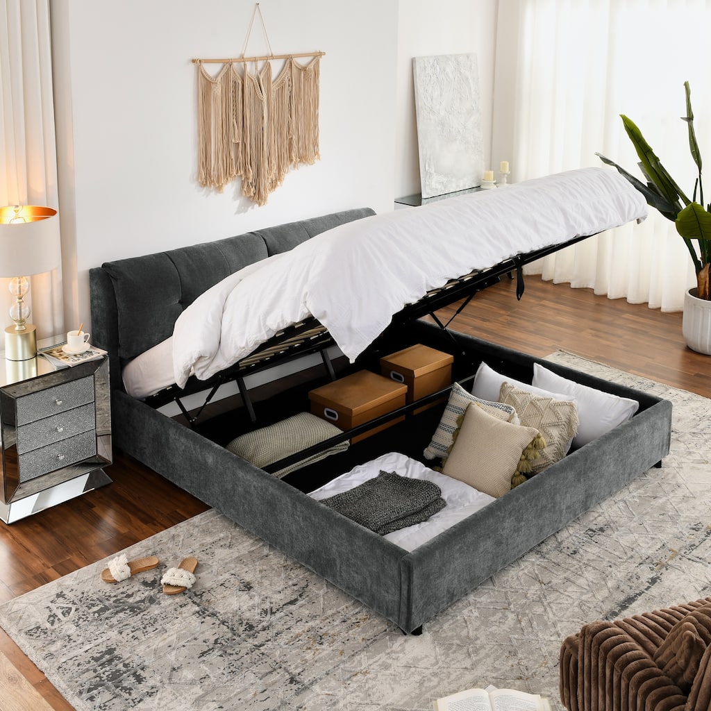 King Size Storage Upholstered Hydraulic Platform Bed with Integrated Headboard