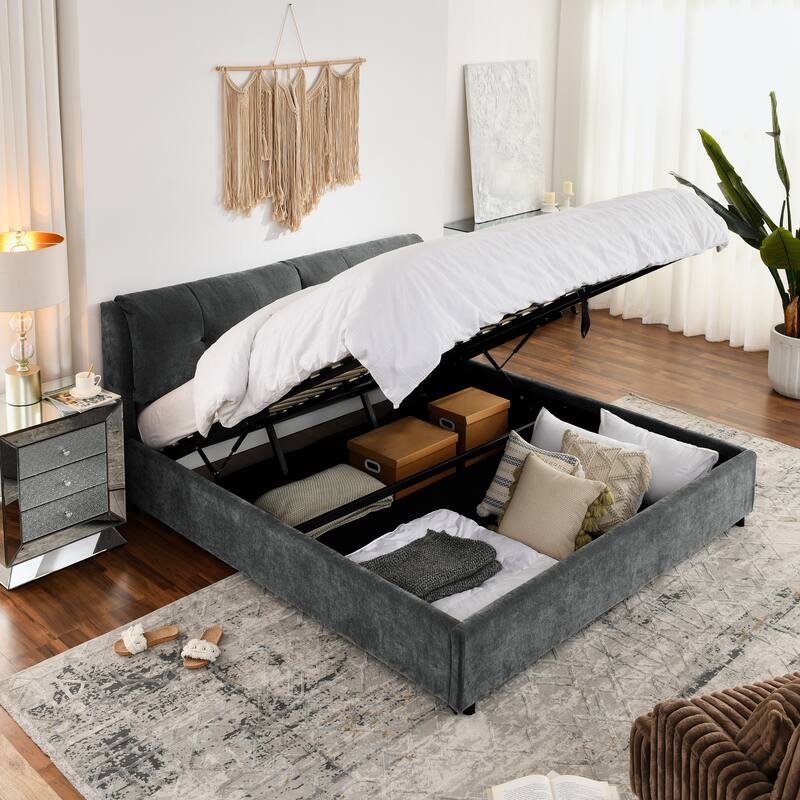King Size Storage Upholstered Hydraulic Platform Bed with Integrated Headboard