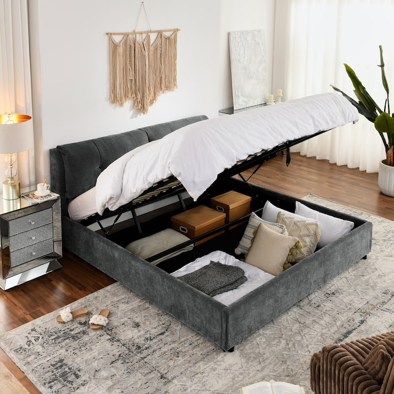 Storage Upholstered Hydraulic Platform Bed with Integrated Headboard for Bedroom